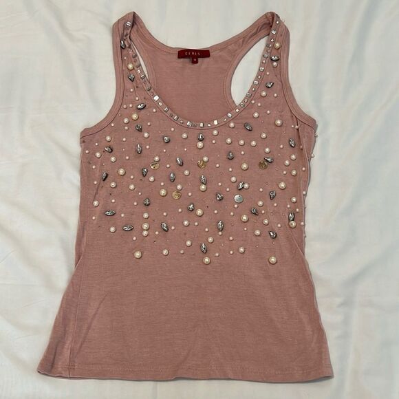 Ceres size M pink beaded rhinestone & shell embellished tank top EUC - Picture 3 of 8